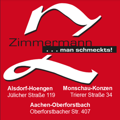 Logo von Zimmermann mit Slogan und Adressen in stilisiertem Schriftzug auf rotem Hintergrund.